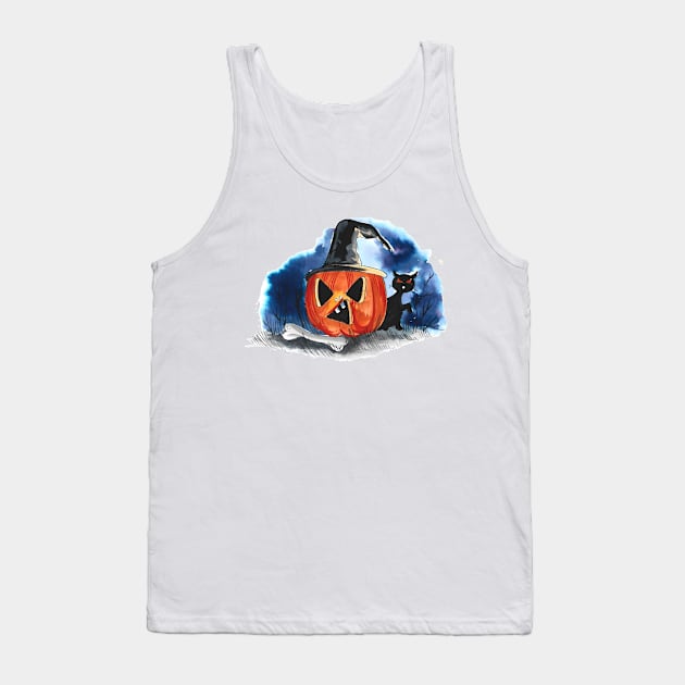 Pumpkin Cemetery Watercolor Tank Top by Mako Design 